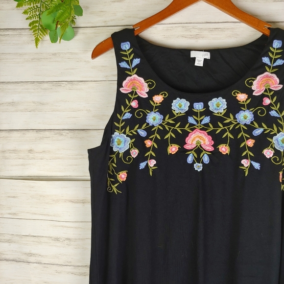 J. Jill Black Embroidered Floral Swing Tank Dress - Picture 4 of 5